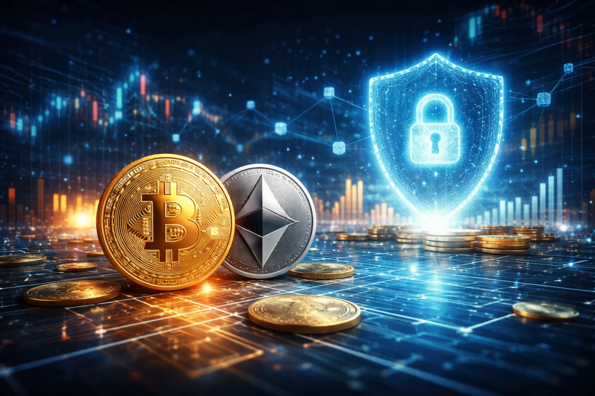 Bitcoin, Ethereum ve Blokzincir: Kripto Güvenliği & Regülasyon Rehberi konusu icin Kripto alanini anlatan SEO uyumlu haber gorseli.