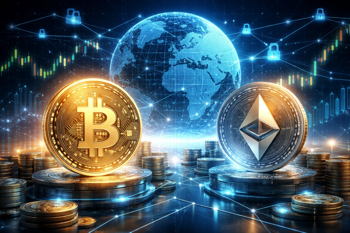 Kripto piyasaları, Bitcoin, Ethereum, güvenlik ve regülasyon konularını anlatan SEO uyumlu haber görseli.