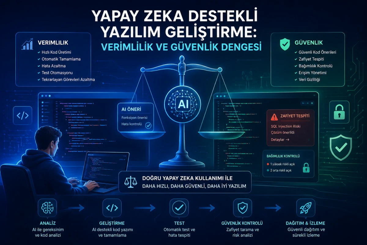 Yapay Zeka Destekli Yazılım Geliştirme: Verimlilik ve Güvenlik Dengesi için yapay zeka, yazılım ve güvenlik odaklı profesyonel haber görseli