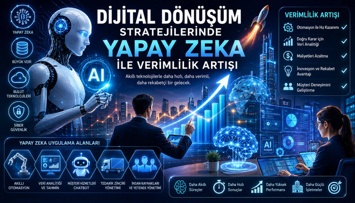 Dijital Donusum Stratejilerinde Yapay Zeka ile Verimlilik Artisi için dijital dönüşüm ve yapay zeka odaklı profesyonel haber görseli