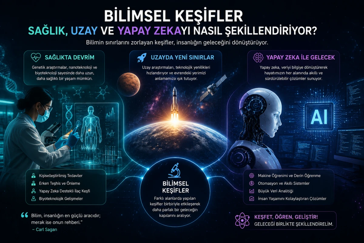 Bilimsel Keşifler Sağlık, Uzay ve Yapay Zekayı Nasıl Şekillendiriyor için sağlık, uzay ve yapay zeka odaklı profesyonel haber görseli