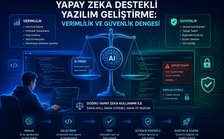 Yapay Zeka Destekli Yazılım Geliştirme: Verimlilik ve Güvenlik Dengesi için yapay zeka, yazılım ve güvenlik odaklı profesyonel haber görseli