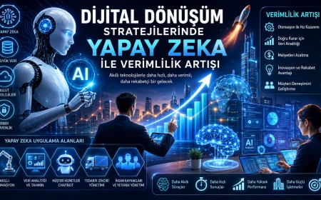 Dijital Donusum Stratejilerinde Yapay Zeka ile Verimlilik Artisi için dijital dönüşüm ve yapay zeka odaklı profesyonel haber görseli